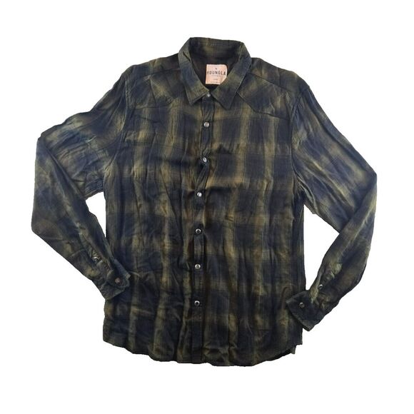 YoungLA Men's Chambray Flannel Pearl Snap Green Plaid Size Large‎ L Gorpcore - Picture 1 of 8